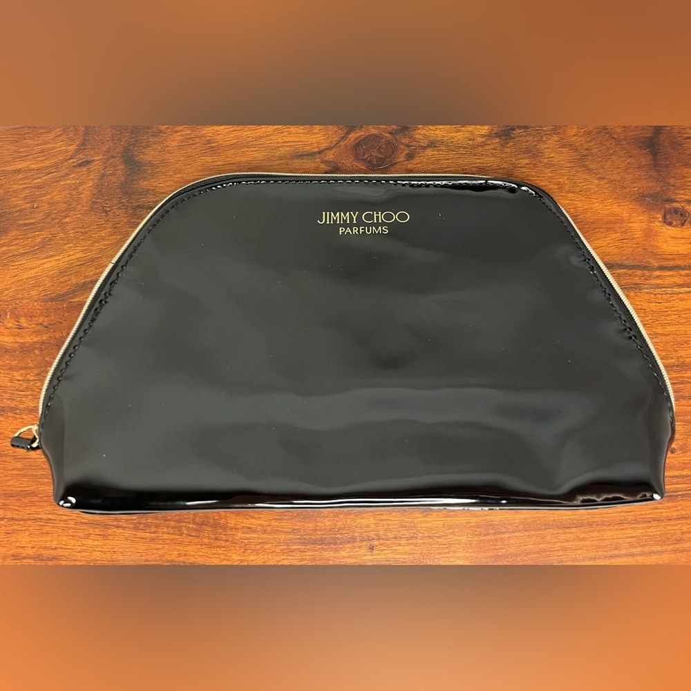 Jimmy Choo Black Patent Make Up Bag With Gold Letters & Zip Closure NWOT